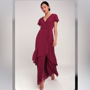 LULUS Pour the Champagne Burgundy Ruffled Backless Maxi Dress XL